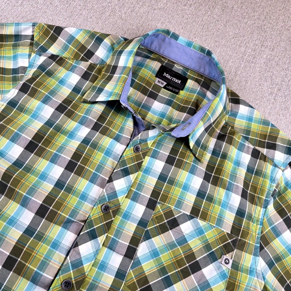 Marmot Green Plaid Shirt Men's M Short Sleeve Button‎ Up Camping Hiking Outdoors